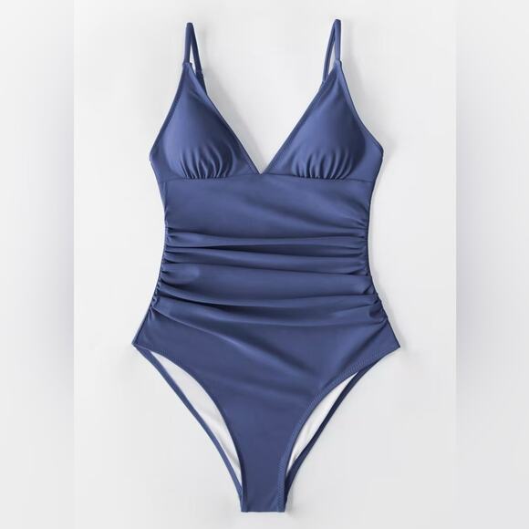 CUPSHE Blue V Neck Ruching One Piece Swimsuit - Picture 1 of 5